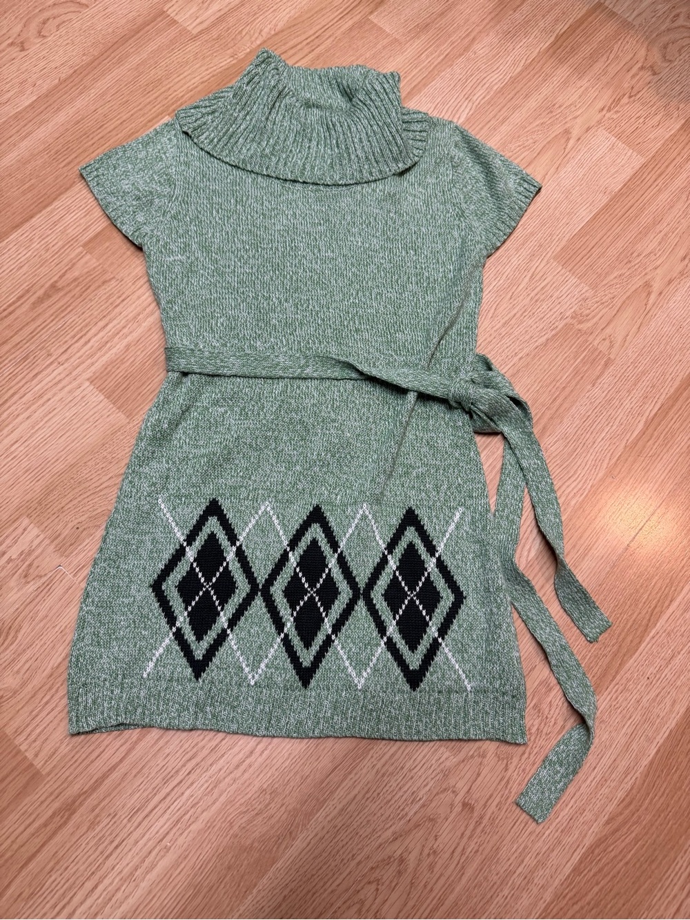 Sweater Project Green Argyle Cowl Neck Belted Sweater Tunic XL NWT